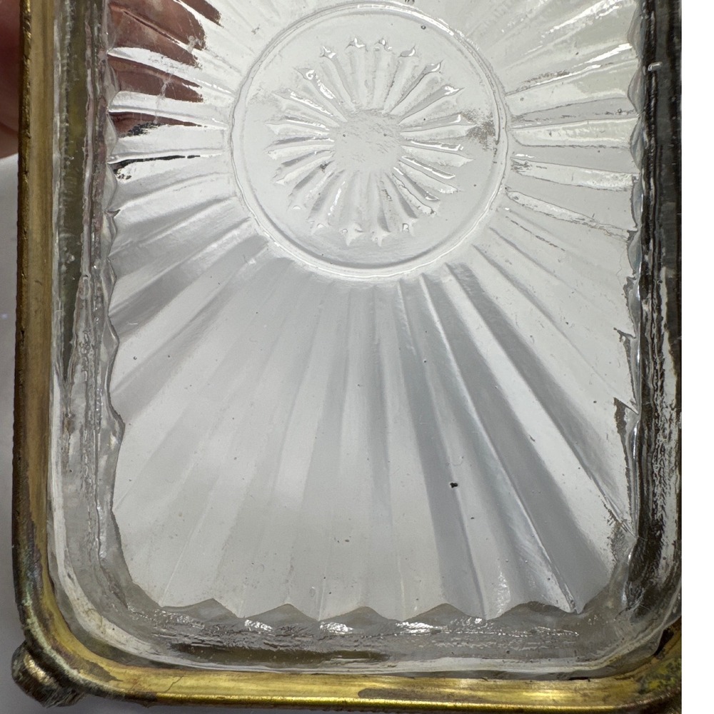 Vintage Crystal Glass Trinket Dish Brass Filigree Frame Gold Rectangular Good 5" - Picture 10 of 11